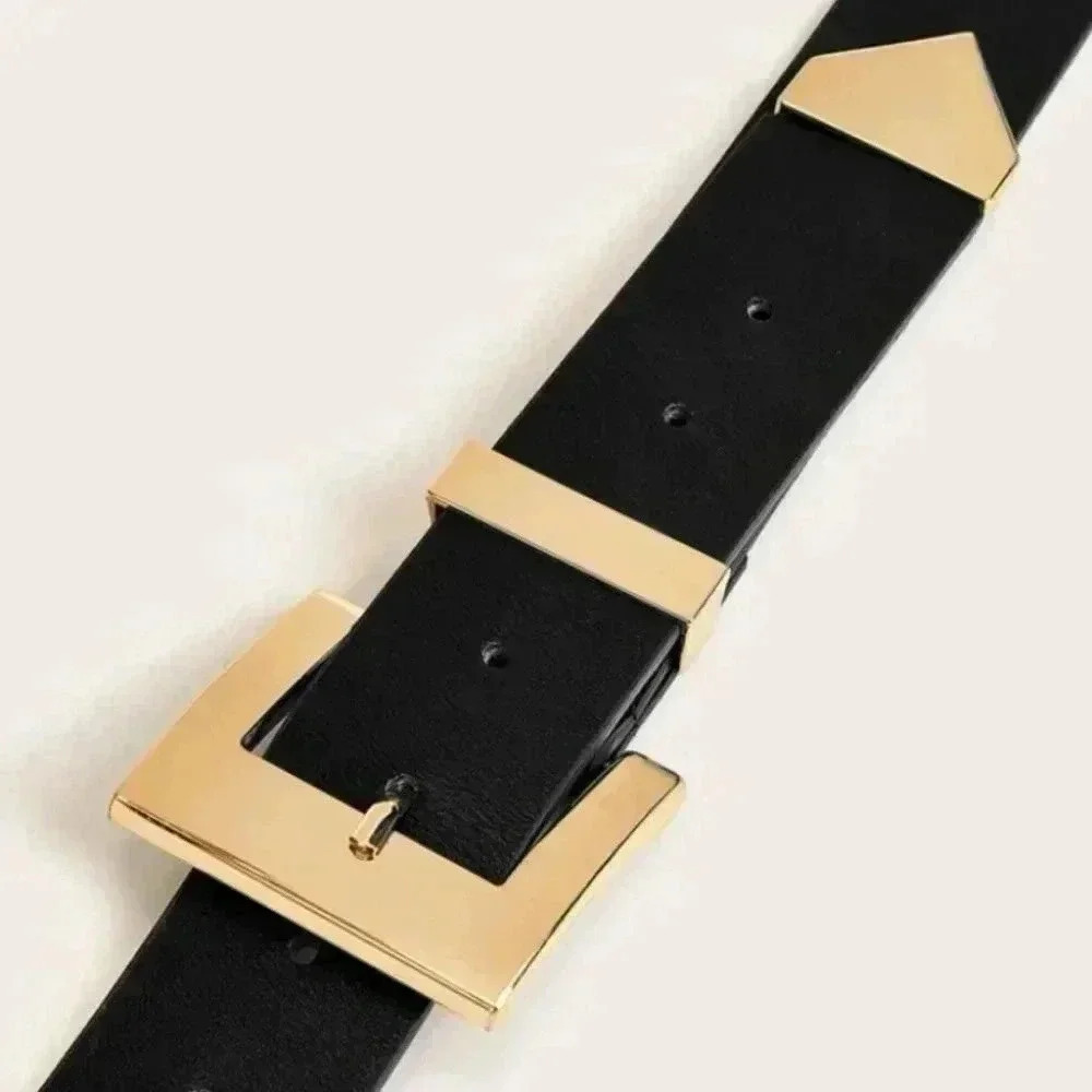 Gold Chunky Double Buckle Black Vegan Leather Wide Waist Corset Belt - Picture 3 of 7